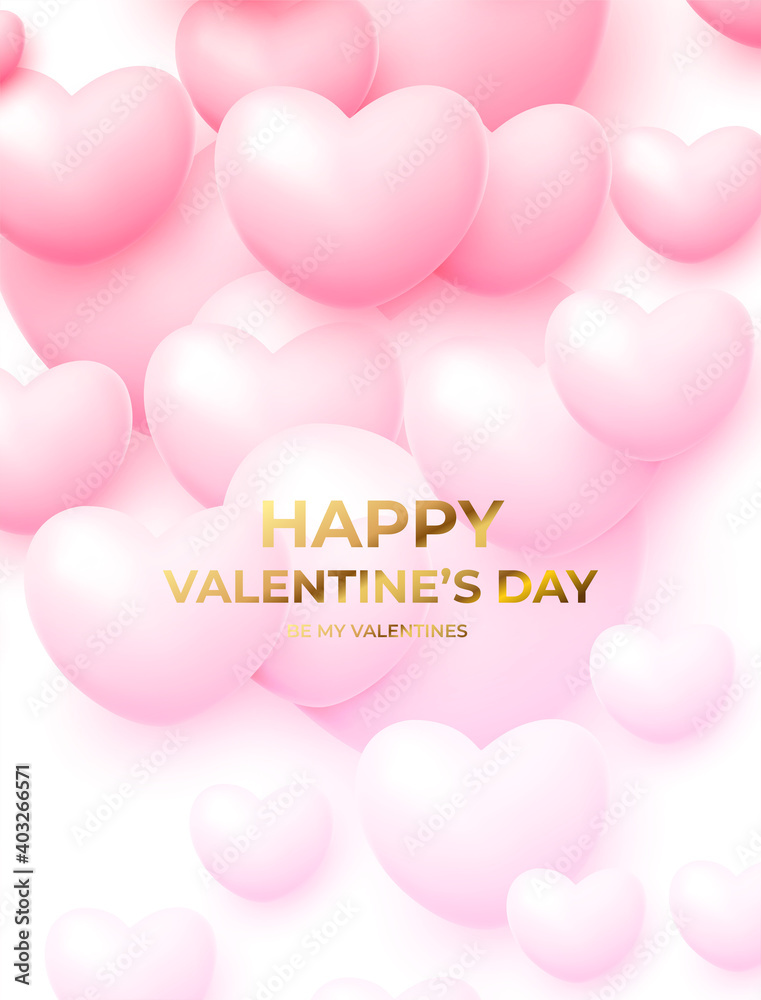 Design concept for Valentines day poster with pink and white flying balloons with golden lettering Happy Valentines Day. Vector illustration