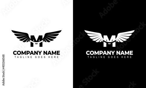 Letter M with wings. Template for logo  label  emblem  sign  stamp. Vector illustration.