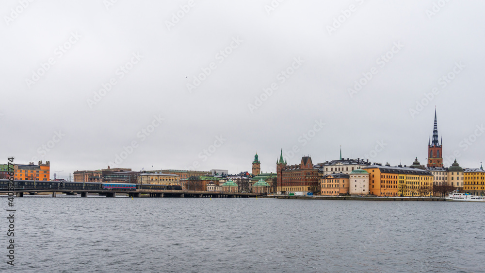 A panoramic view on shoreline in Stockholm from Fjallgatan view point on a cloudy winter day