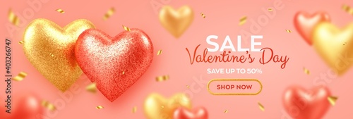 Valentines day sale banner with shining realistic red and gold 3d balloons hearts with glitter texture and confetti. Background, flyer, invitation, poster, brochure, greeting card. Vector illustration