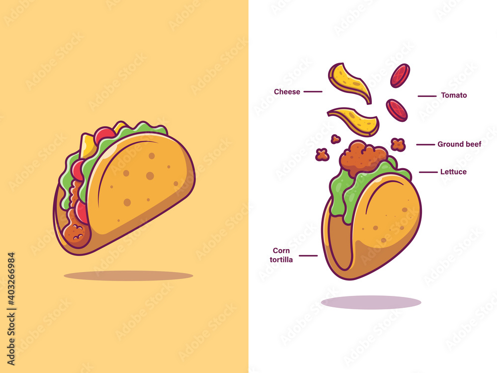 Taco Ingredients Cartoon Vector Icon Illustration. Fast Food Icon Concept  Isolated Premium Vector. Flat Cartoon Style Stock Vector | Adobe Stock
