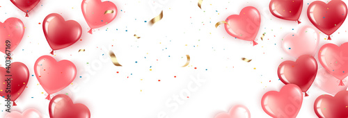 Happy Valentine s Day. Gel balloons-hearts red and pink. Banner with place for text. Greeting card Happy Birthday, International Women s Day. Isolated with white background. Vector