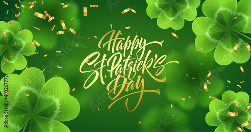 Golden handwriting lettering Happy Saint Patricks Day on green background made of realistic clover leaves and golden glitter glitter. Vector illustration