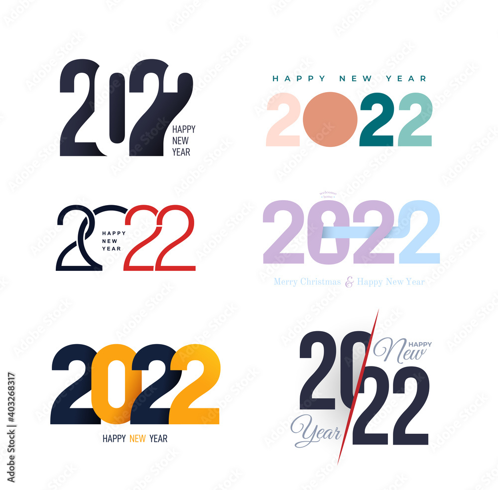 Colored Set of 2022 Happy New Year logo text design. 2022 number design template. Big collection of 2022 happy new year symbols. Vector illustration with colorful and labels isolated on background.