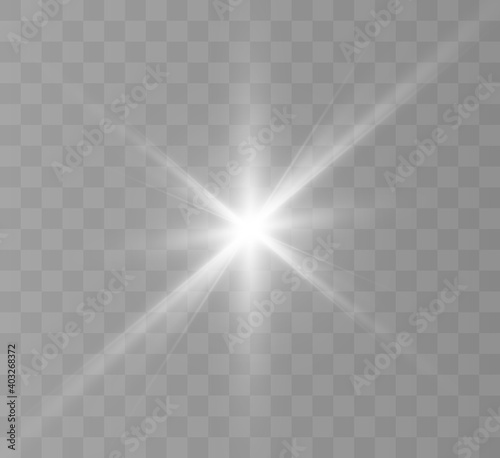 White glowing light explodes on a transparent background. Sparkling magical dust particles. Bright Star. Transparent shining sun, bright flash. Vector sparkles. To center a bright flash.