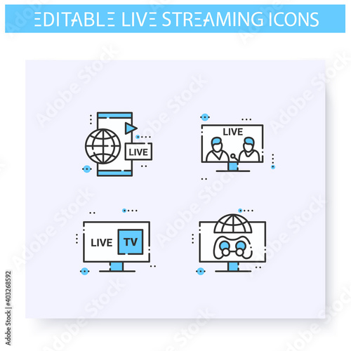 Live streaming line icons set. Online video stream. Blogging and broadcasting technologies. Internet content production. Commercial web video concept. Isolated vector illustrations. Editable stroke 