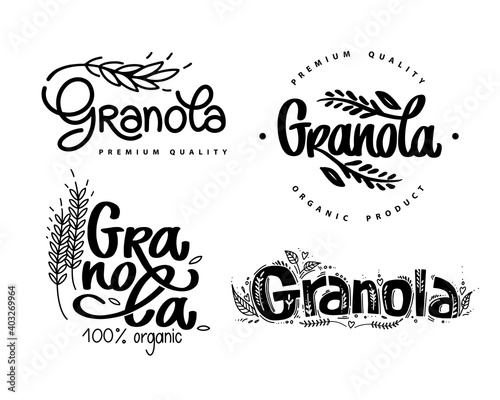 Granola logo set vector. Collection of lettering compositions with spikelets and decorative elements. Calligraphy. Food logotypes for package, label.