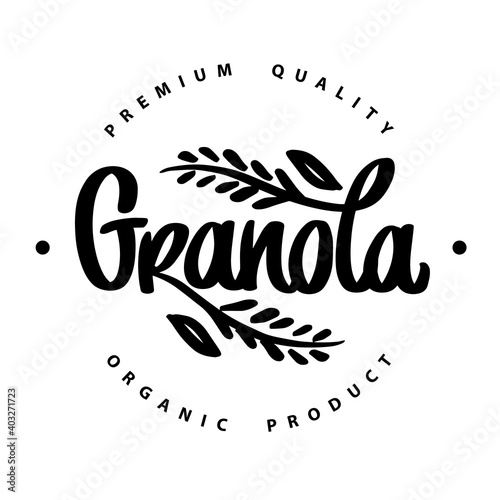Granola logo vector template. Organic product premium quality. Healthy food logotype. Lettering composition with spikelets. Handwritten calligraphy.