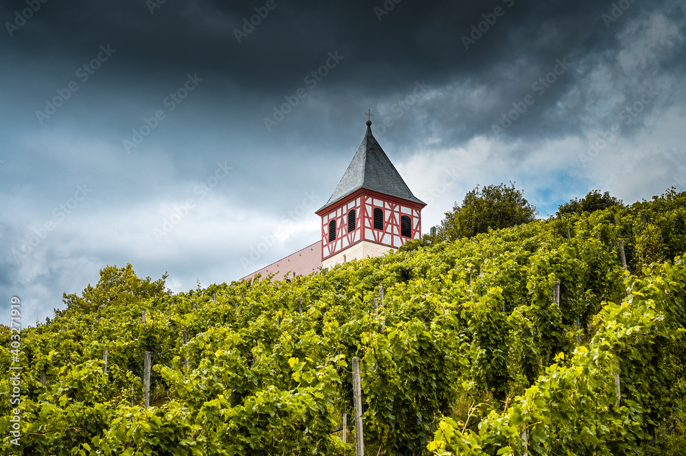 Church with a half-timbered bell tower on top of a vineyard. Vine is growing in the front and dark clouds are in the background.