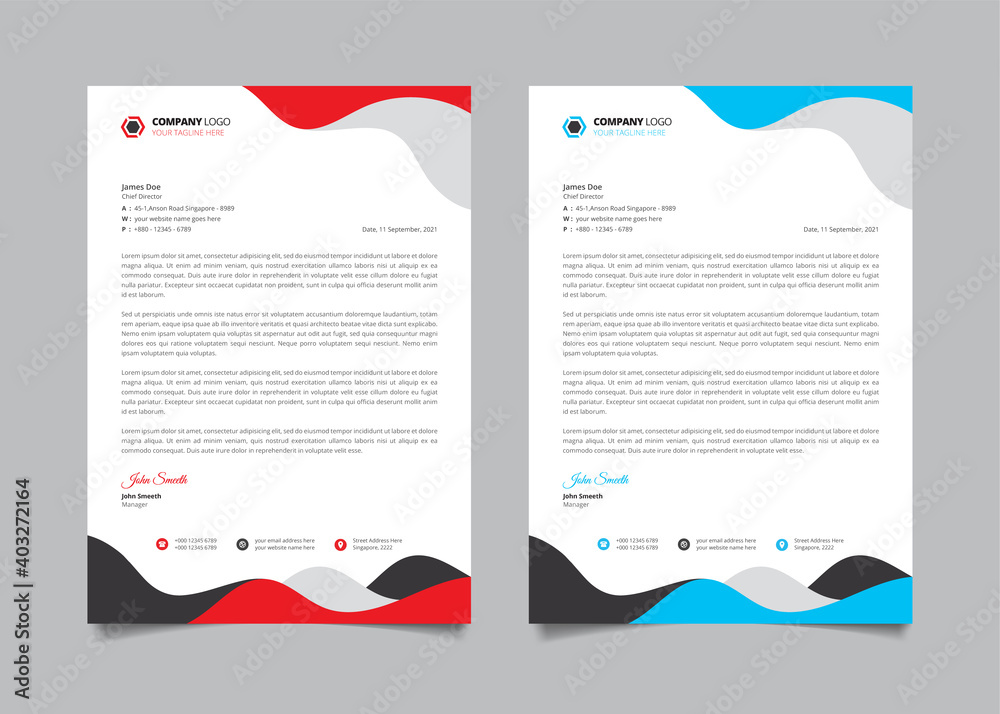 Creative corporate letterhead template. Letterhead design with wavy red, black, and blue shape. 