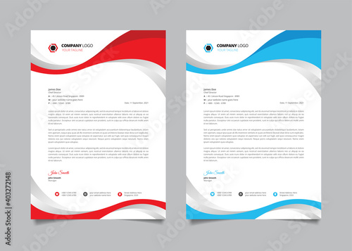 Stylish business letterhead template. Letterhead design with wavy red and blue shape. 