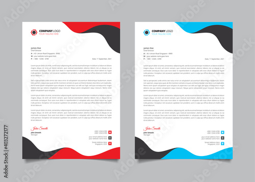 Creative corporate letterhead template. Letterhead design with wavy red, black, and blue shape. 