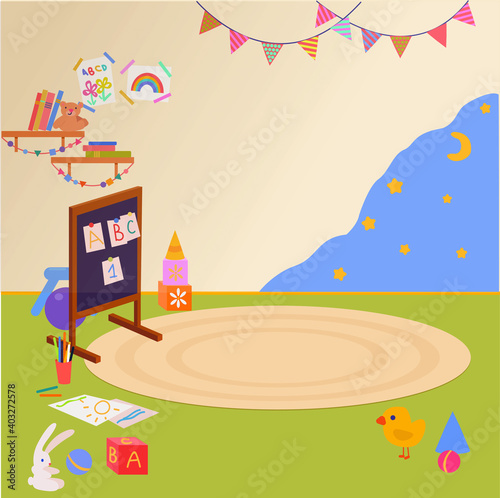 Vector cartoon illustration of empty Kindergarten interior with toys for young children free space for message.