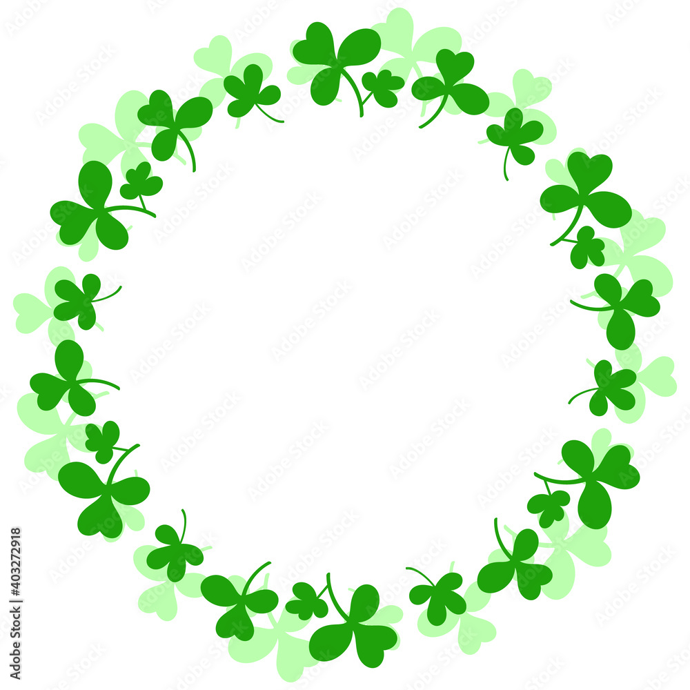Round frame with clover leaves.Magical plant. Decoration for St. Patrick's Day with trefoils and quatrefoils. Shamrock. Irish story. Isolated on white. Round frame with clover leaves.Magical plant. Decoration for St. Patrick's Day with trefoils and quatrefoils. Shamrock. Irish story. Isolated on white.