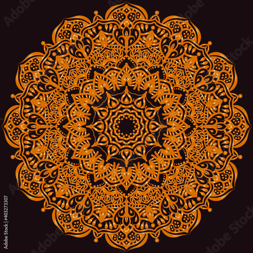 ORNAMENTS MANDALA DESIGN with black backgrund on golden shape.