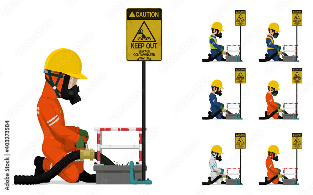 Obraz premium Set of worker is releasing some chemical into the pool