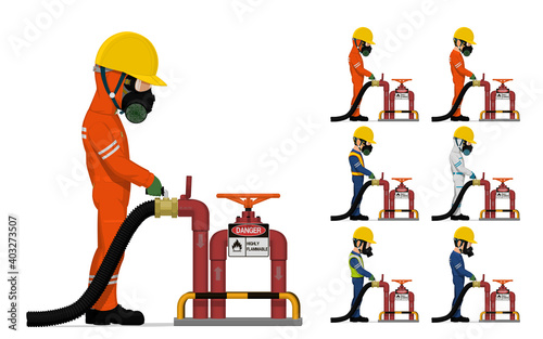 Set of worker is releasing some chemical into the pipe