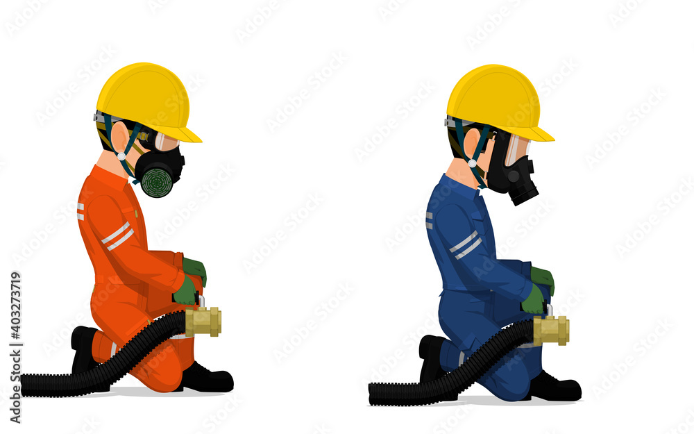 Fototapeta premium Set of industrial worker with big hose on white background