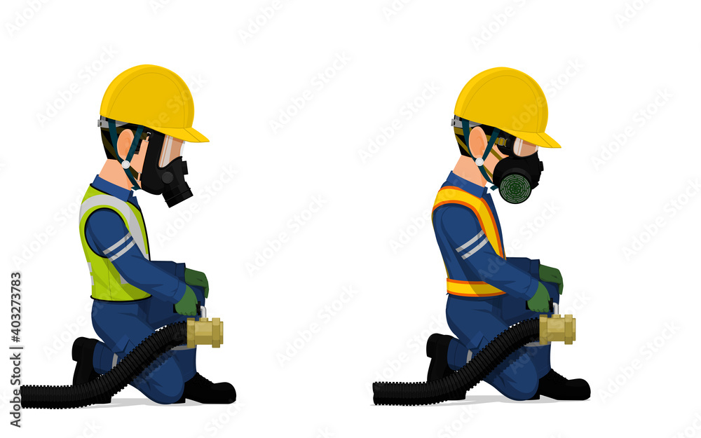 Set of industrial worker with big hose on white background