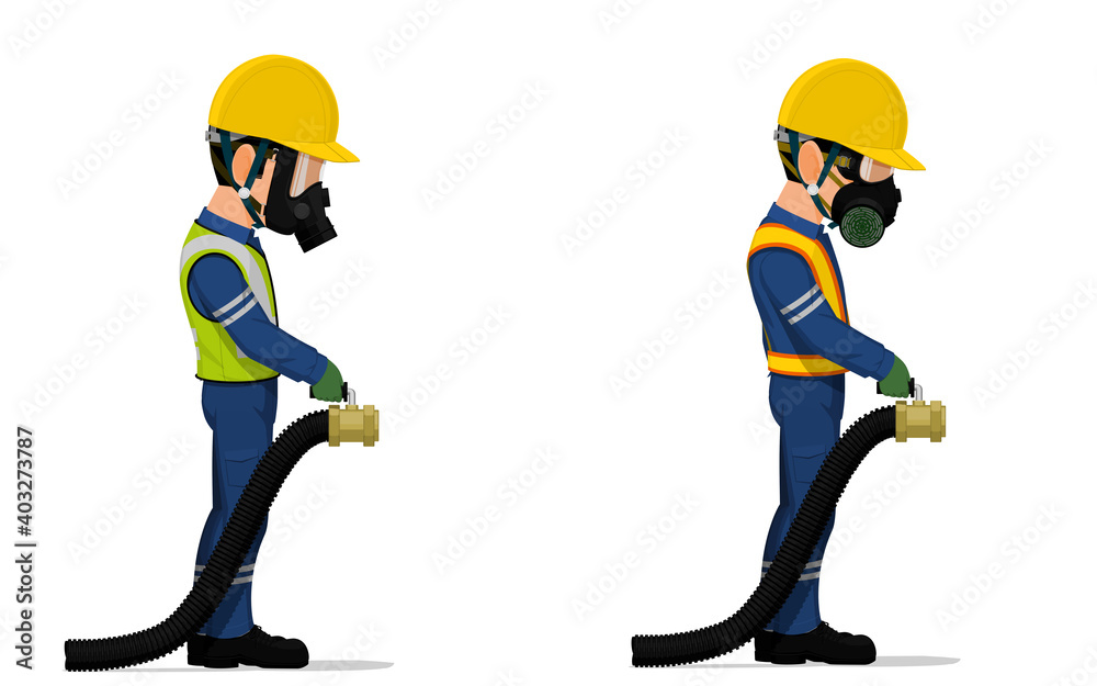 Obraz premium Set of industrial worker with big hose on white background
