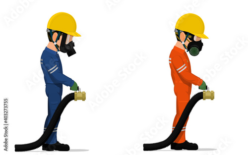 Set of industrial worker with big hose on white background