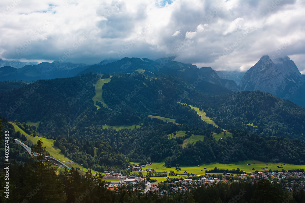 View of Garmisch-Partenkirchen, the ski jump and the mountains.