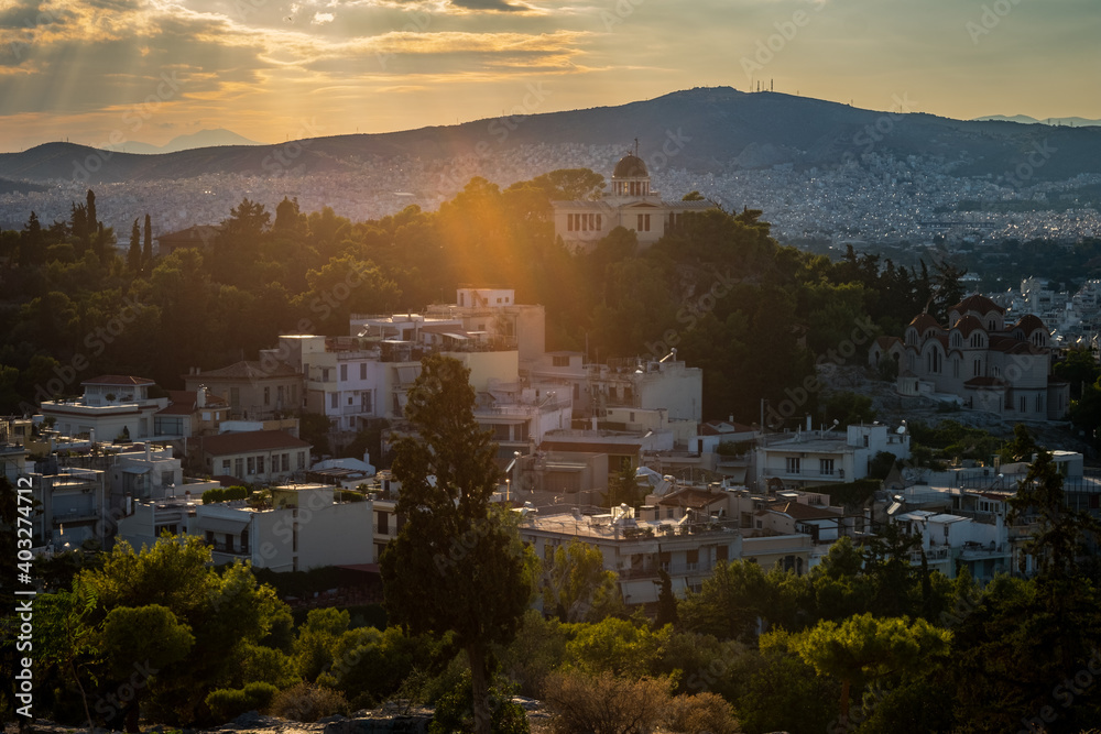 View of Athens at sunset, cityscape in summer. Greece, Europe
