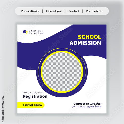 School Students Admission social media post, promotional discount Back to school admission social media post banner template Design.Back to School admission by social media Instagram,Facebook post kit