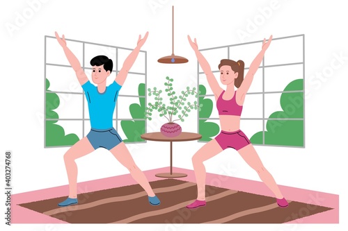 Young boy and girl doing sports physical exercises, home workouts and fitness at home during quarantine and lead healthy lifestyle. Flat vector illustration. Men and women using the house as a gym.