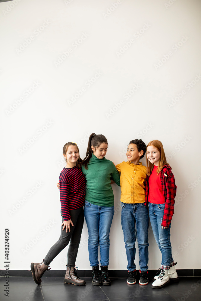Fototapeta premium Portrait of cute little kids in jeans looking at camera and smiling, standing against white wall