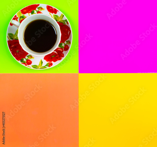 Cup of coffee on colorful background. With space for your text