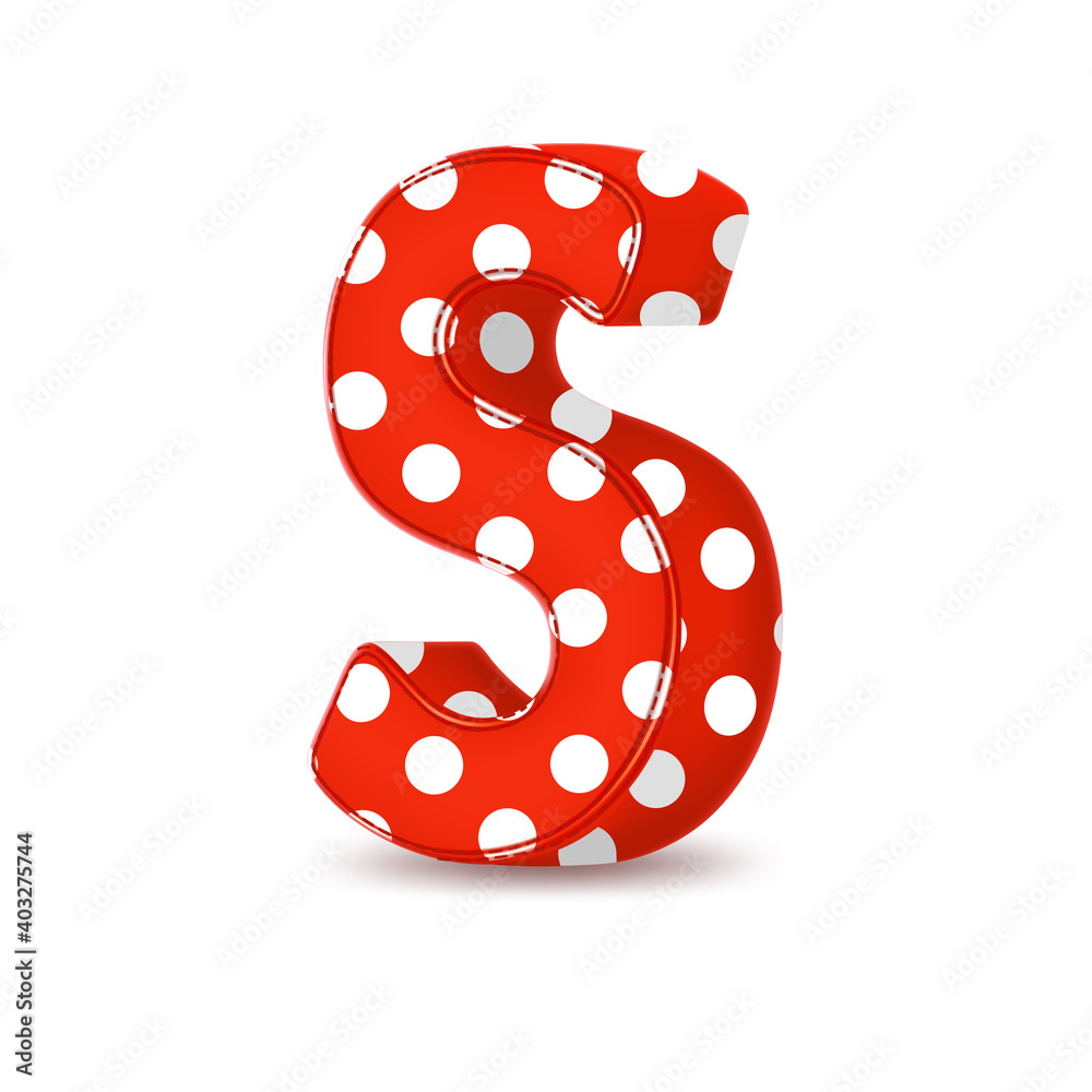 Red, cartoon and volumetric 3d letter S with white polka dots. Vector logo. Red, cartoon and volumetric 3d letter S with white polka dots. Vector logo.