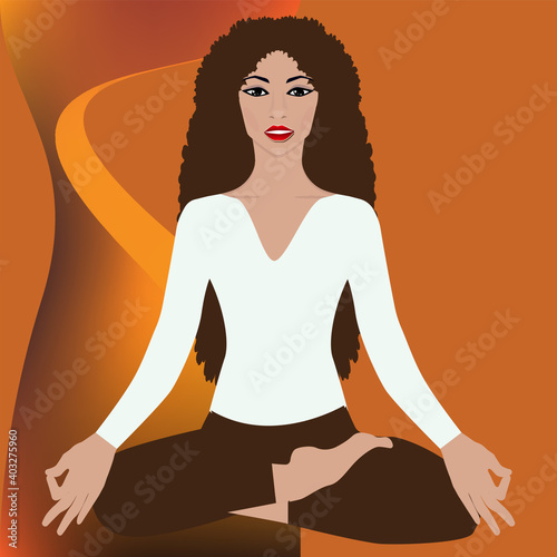 Girl, elegant beautiful african woman in asana pose meditates - decorative art background - vector. Sports lifestyle