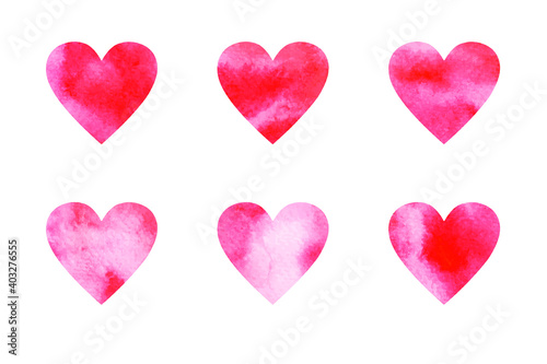 Set of vector red watercolor hearts. Valentine's Day.