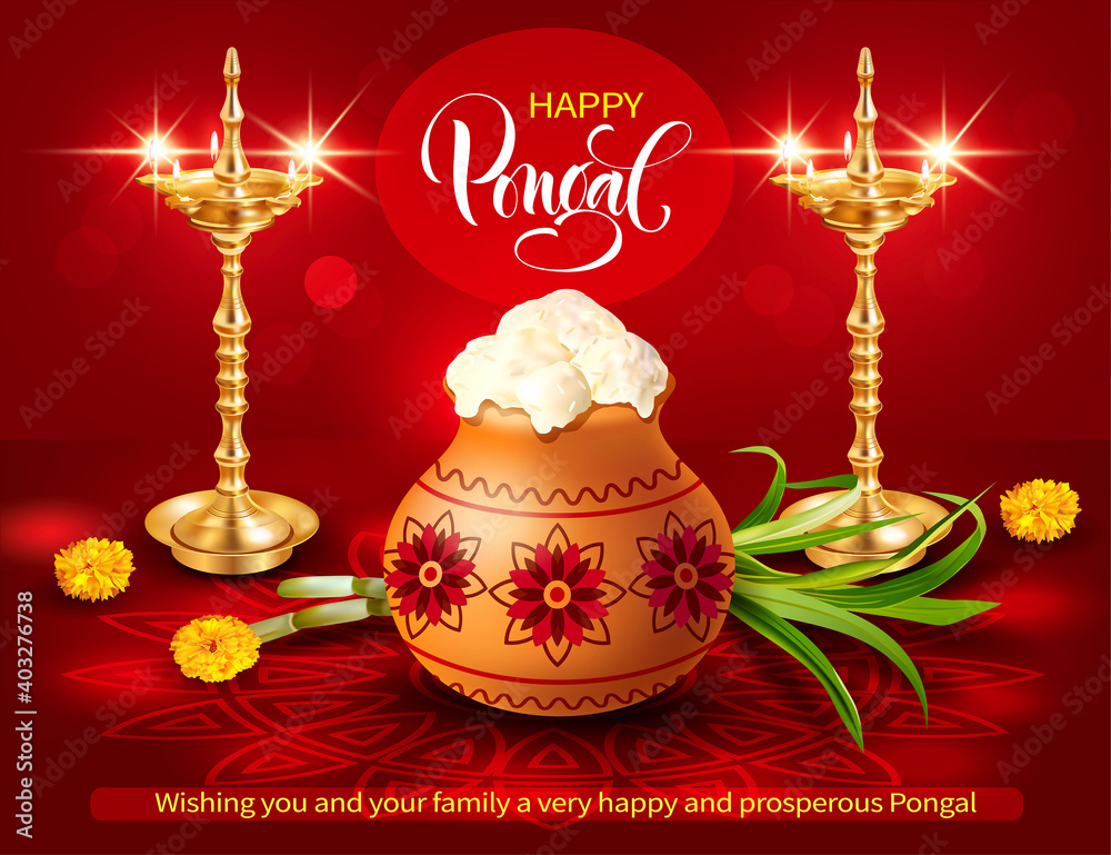 Naklejka premium Poster design with gold diyas, traditional pot and rangoli for Indian harvest festival Pongal (Makar Sankranti). Vector illustration.