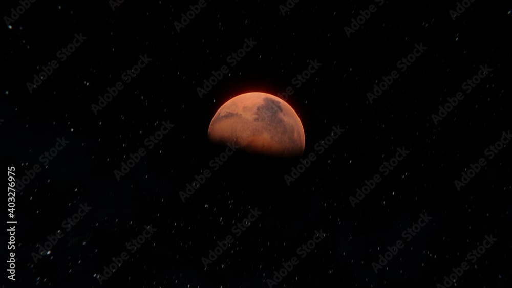 Mars planet rising up flying trough the space. Epic red planet tracking around view Mars planet rising up flying trough the space. Epic red planet tracking around view