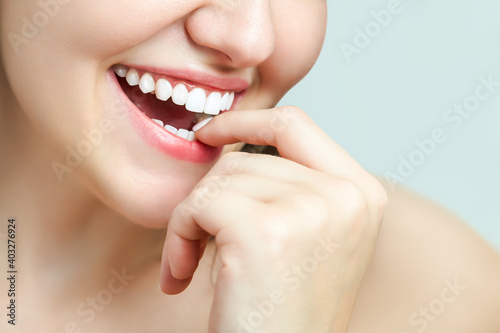 Fototapeta Naklejka Na Ścianę i Meble -  Beautiful female smile after teeth whitening procedure. Dental care. Dentistry concept