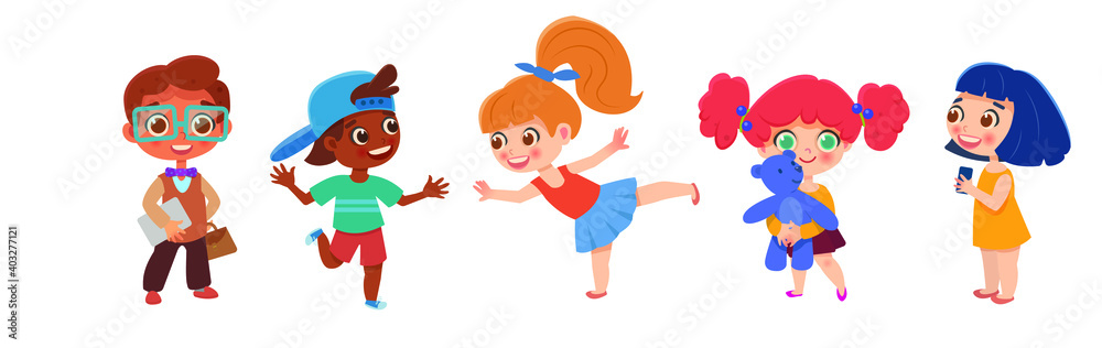 Group of cute cheerful children on a white background. Multicultural children in different positions. Group of cute cheerful children on a white background. Multicultural children in different positions.