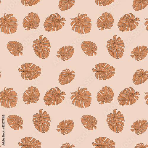 Illustration of brown leaves monstera isolated on a beige background. Seamless pattern. Sepia