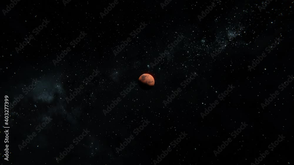 Epic tracking in shoot of Mars planet. Flying fast to the Mars. Terrifying approaching and falling to the red planet. Spaceship crash view