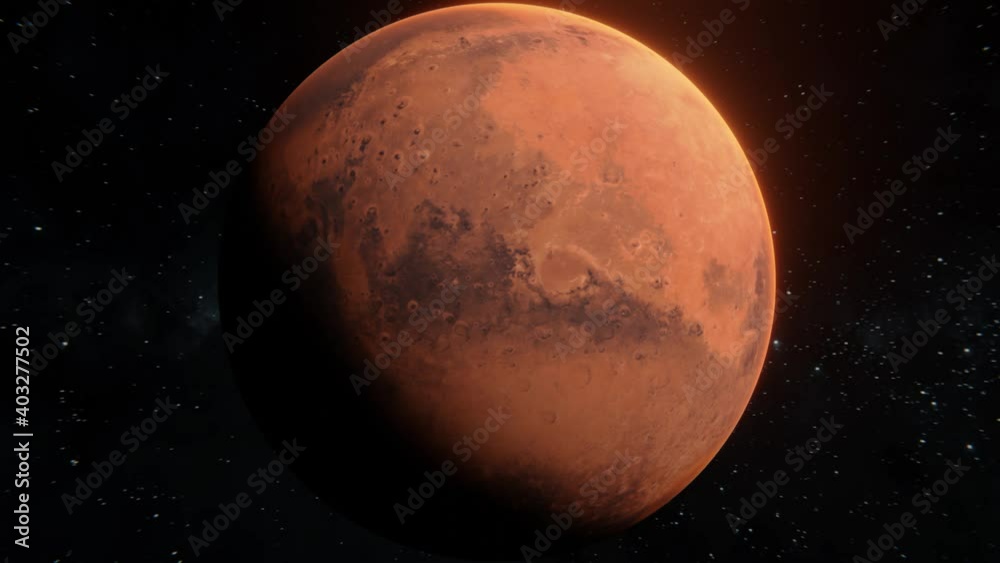 Flying around Mars planet spinning in open space over stars background. Epic view on Mars red planet in 4k footage. 3d mysterious planet with illuminated craters texture