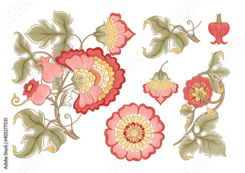 Fantasy flowers in retro, vintage, jacobean embroidery style. Embroidery imitation isolated on white background. Vector illustration.