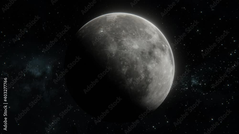 Approaching to the Moon. Tracking shot of the Moon in open space over stars Approaching to the Moon. Tracking shot of the Moon in open space over stars