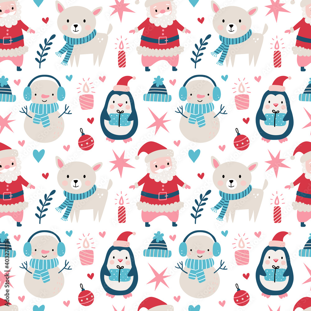 Seamless Christmas pattern with Santa clause, deer, tree, decoration, snowflakes, penguin, snowman and boxes.
