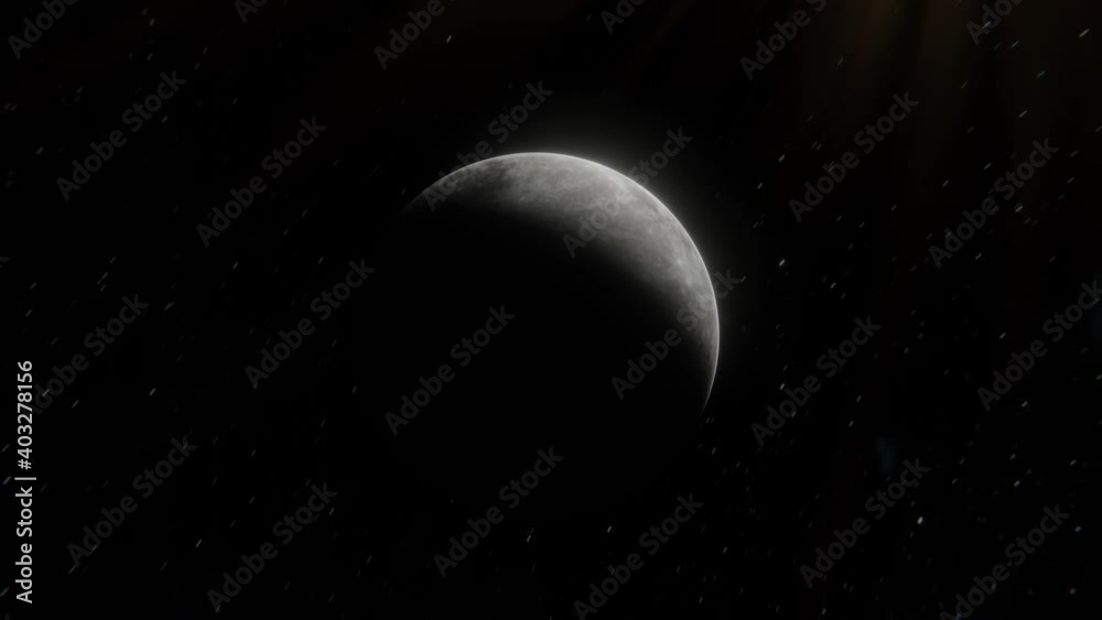 Lens sun flare view of the Moon in open space over the stars. Flying around the Moon illuminated by the Sun Lens sun flare view of the Moon in open space over the stars. Flying around the Moon illuminated by the Sun