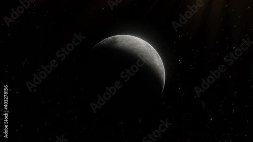 Lens sun flare view of the Moon in open space over the stars. Flying around the Moon illuminated by the Sun