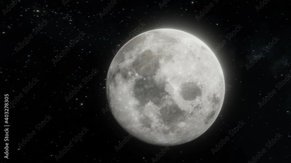 Epic shoot of camera flying around and passing by the Moon in open space. 3d rotating Moon glowing over stars background. 4k footage Epic shoot of camera flying around and passing by the Moon in open space. 3d rotating Moon glowing over stars background. 4k footage