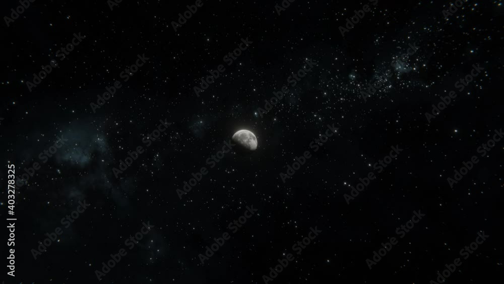 Flying to the Moon view. Passing by the Moon in open space. Interstellar traveling. Space mission 4k 3d visualisation