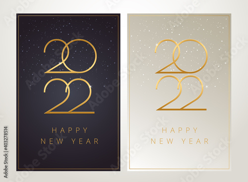 Posh New Year 2022 vertical cards design - dark and light, black and golden luxury design with 2022 logo text and snowflakes in the shining posh background. Vector 2022 New Year greeting card