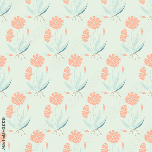 Floral Vector repeat seamless pattern with carnations. Small bouquets with blue flowers.